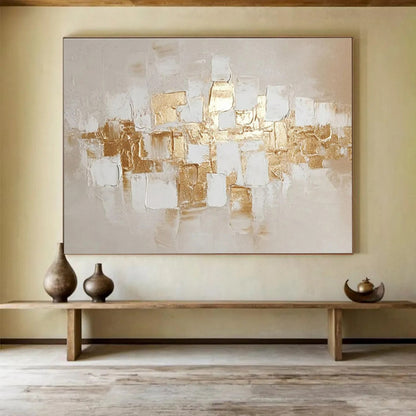 Hand Painted Art: Gold and Beige Textured Geometric Abstract Painting WB352