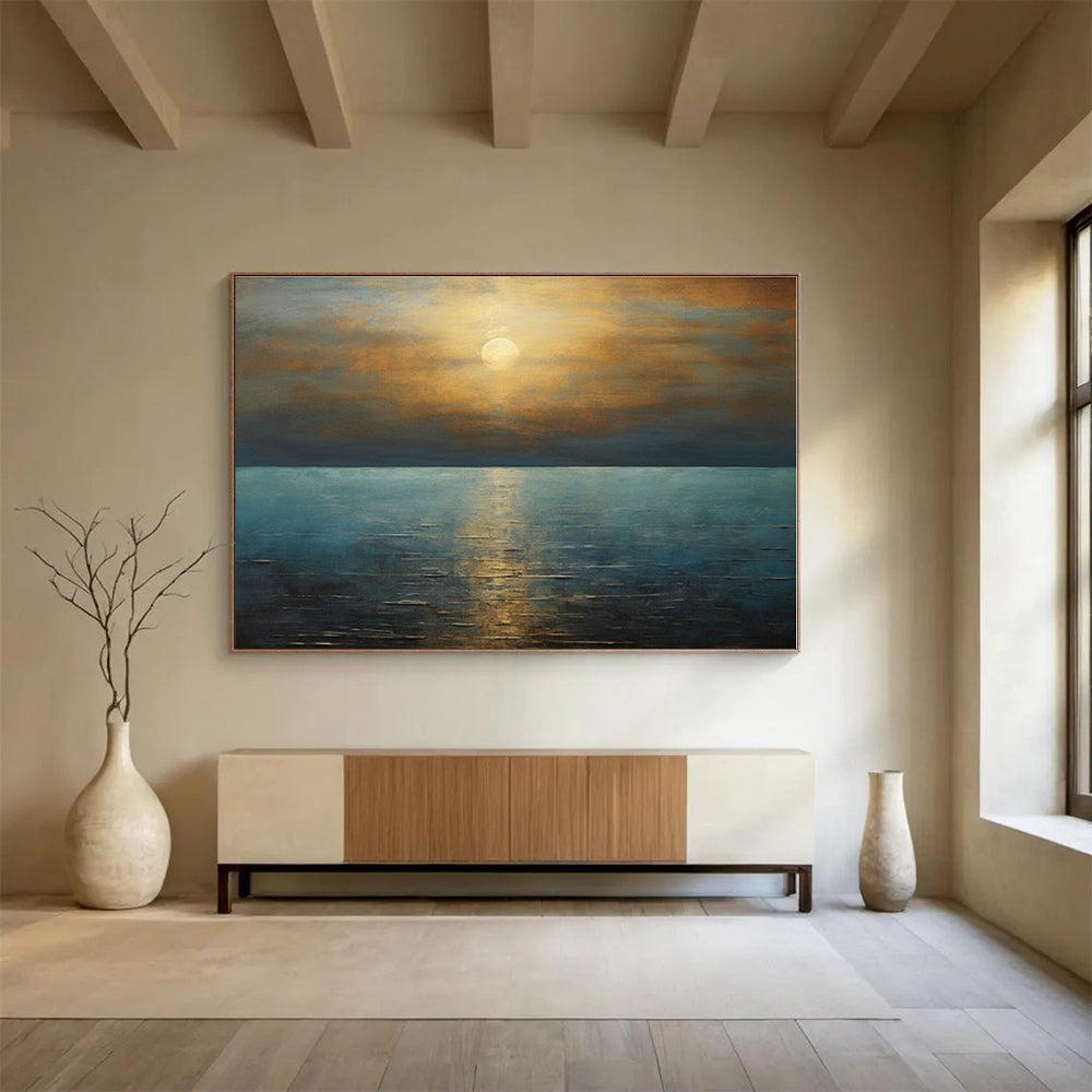 Gold, Blue Abstract Seascape Acrylic Painting WB034