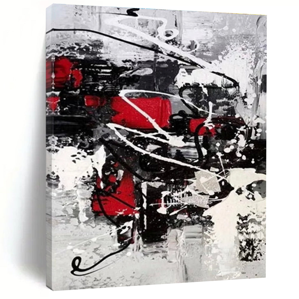 Hand-Painted Red, Black & White Gestural Abstract, Acrylic Modern Art Painting HS270