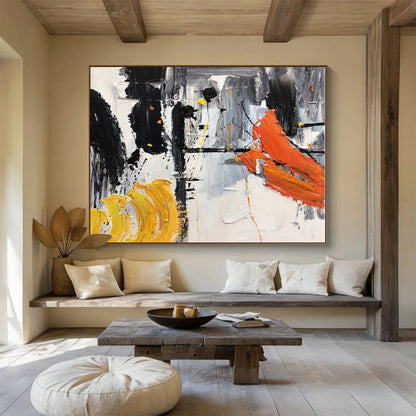 Large Size Black, White, Orange and Yellow Abstract Expressionist Painting WB061