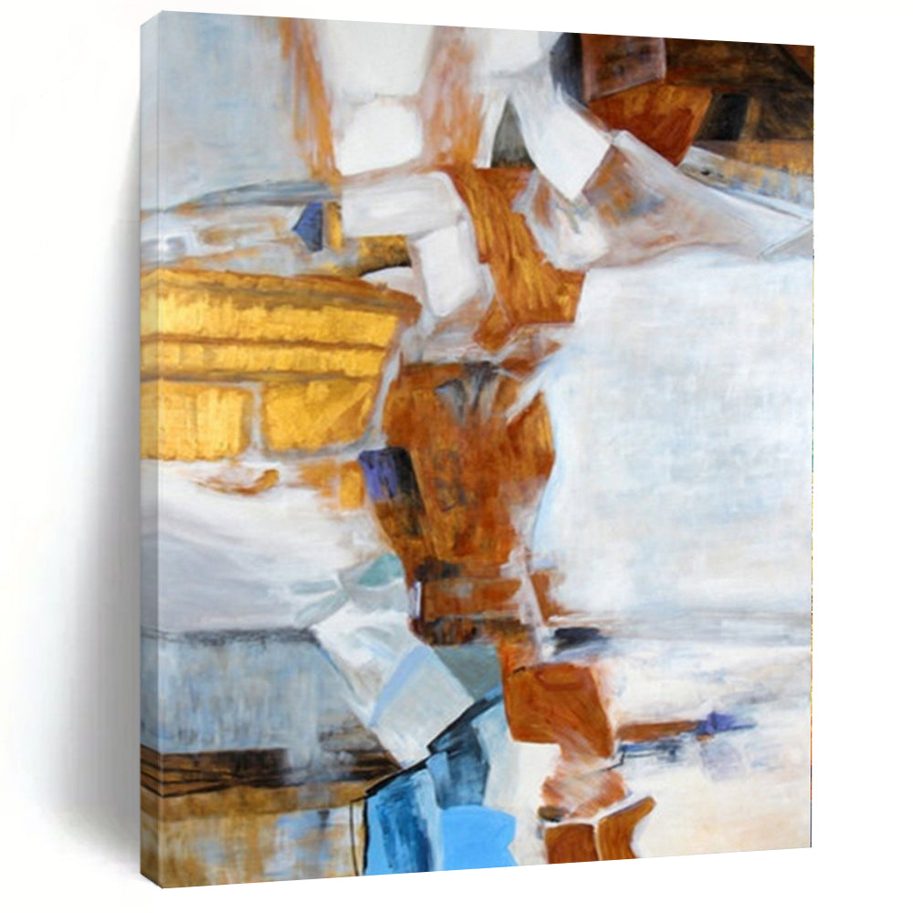 Hand-Painted Brown, White, and Blue Geometric Abstract Painting For Sale HS003