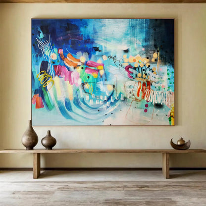 Contemporary Abstract Painting Vibrant Blue and Multicolor Whimsical Abstract Painting WB334