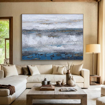 Extra Large Size Blue, Gray and Gold Abstract Textured Landscape Painting WB124