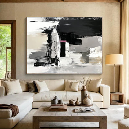 Hand-Painted Black, Gray, White, and Pink Abstract Textured Painting For Sale HS151