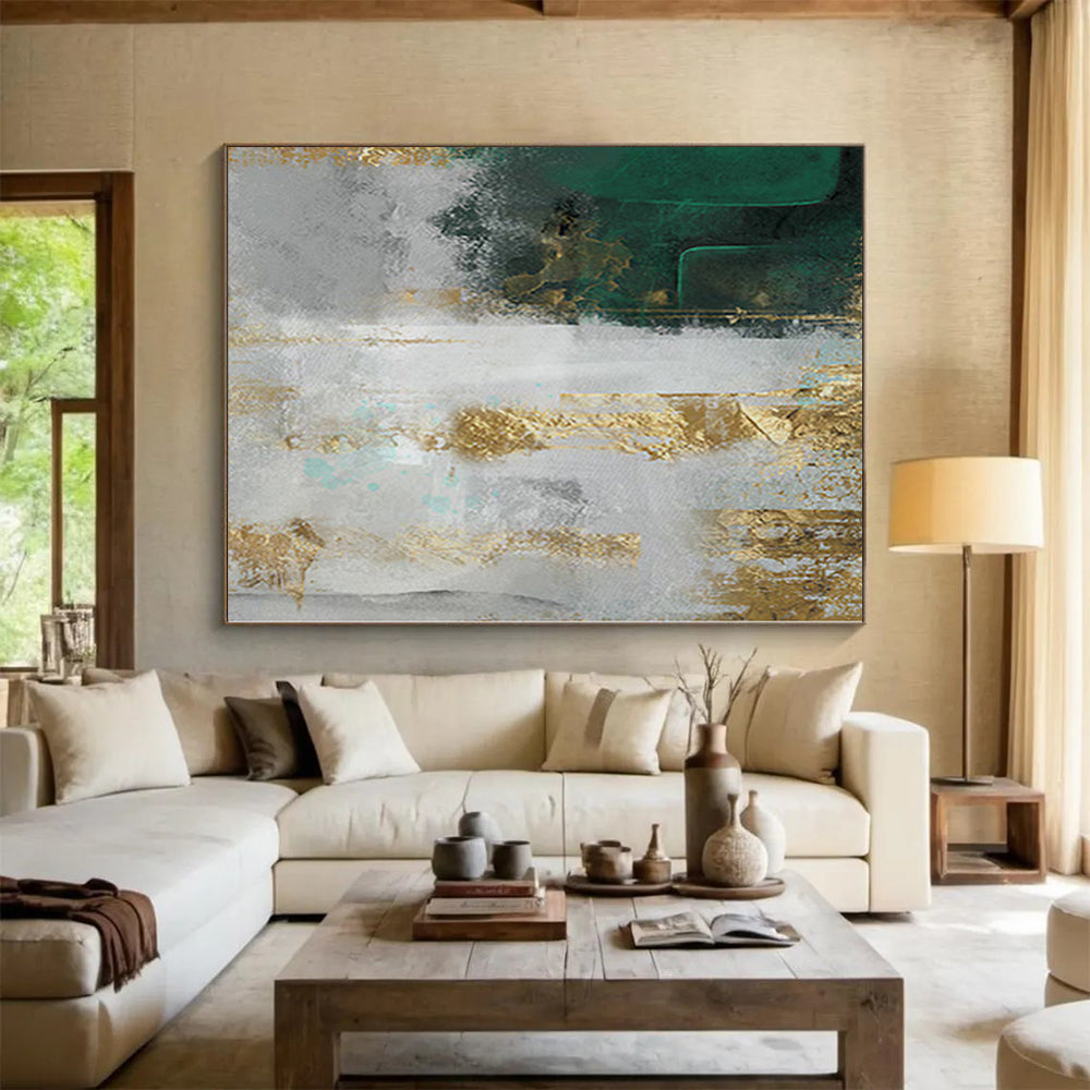 Large Size Green, Gold, and Gray Abstract Textured Painting For Sale HS085