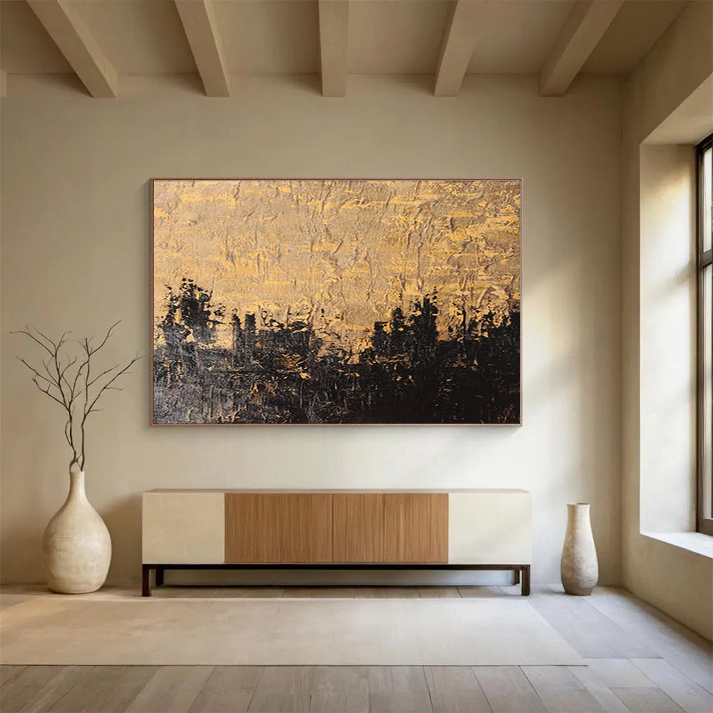 Gold, Black Abstract Textured Cityscape Acrylic Painting WB017