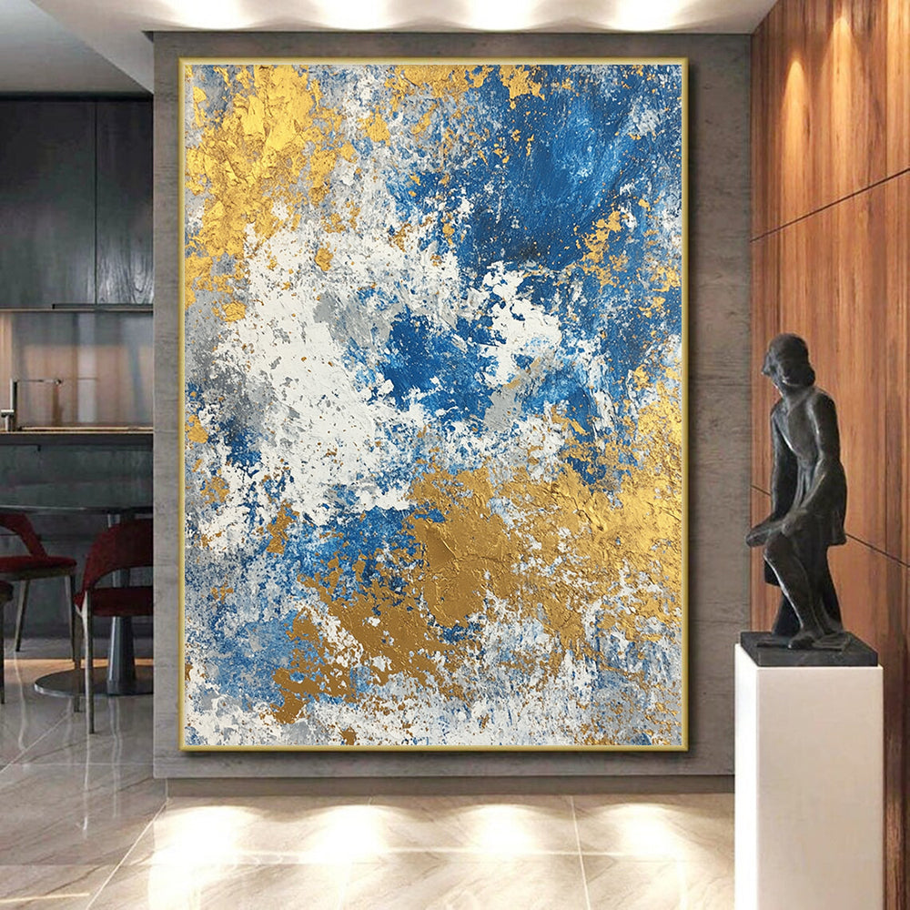 Huge Size Blue, White, and Gold Abstract Textured Painting For Sale HS117