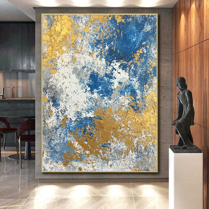 Huge Size Blue, White, and Gold Abstract Textured Painting For Sale HS117