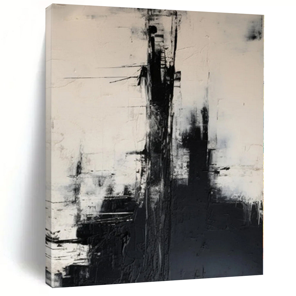 Hand-Painted Black and White Abstract Urban Landscape Painting For Sale HS056