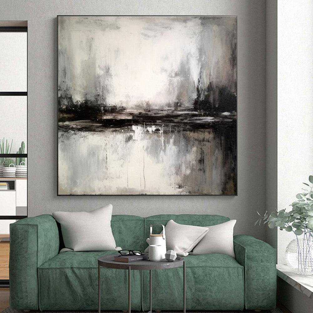 Hand-Painted Minimalist Canvas Art with Black, White, Gray Misty Textures - Large Painting In Living Room HS528