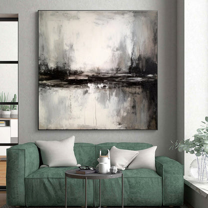 Hand-Painted Minimalist Canvas Art with Black, White, Gray Misty Textures - Large Painting In Living Room HS528