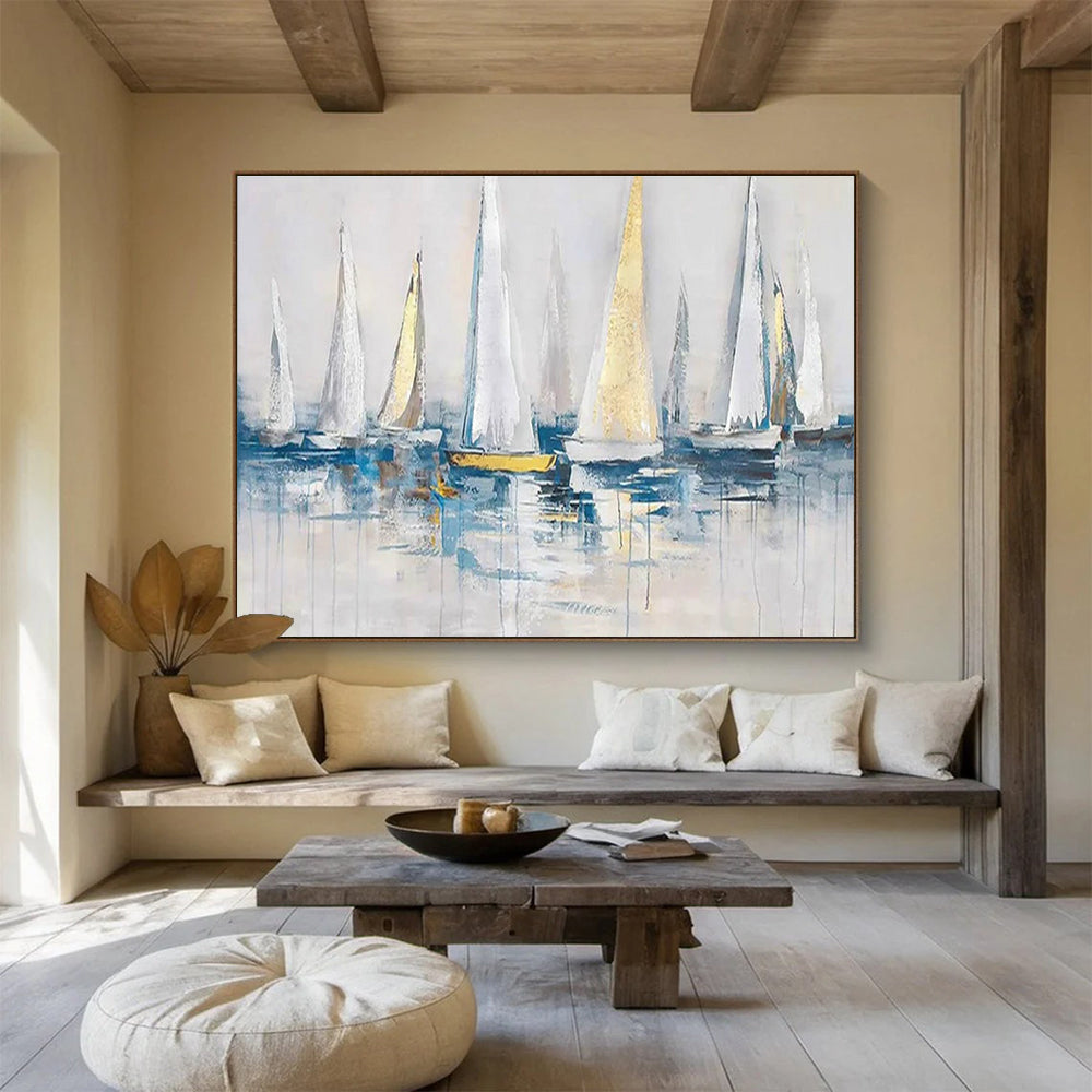 Oversized Canvas Art in Blue, White, and Gold Abstract Sailboat Style WB228