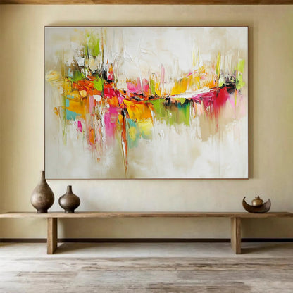 Huge Size Multicolored (Pink, Orange, Green, Yellow) Abstract Textured City - Acrylic Painting WB298
