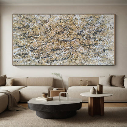Acrylic Modern Art Paintings Beige, Black, and White Splatter Abstract Art HS617