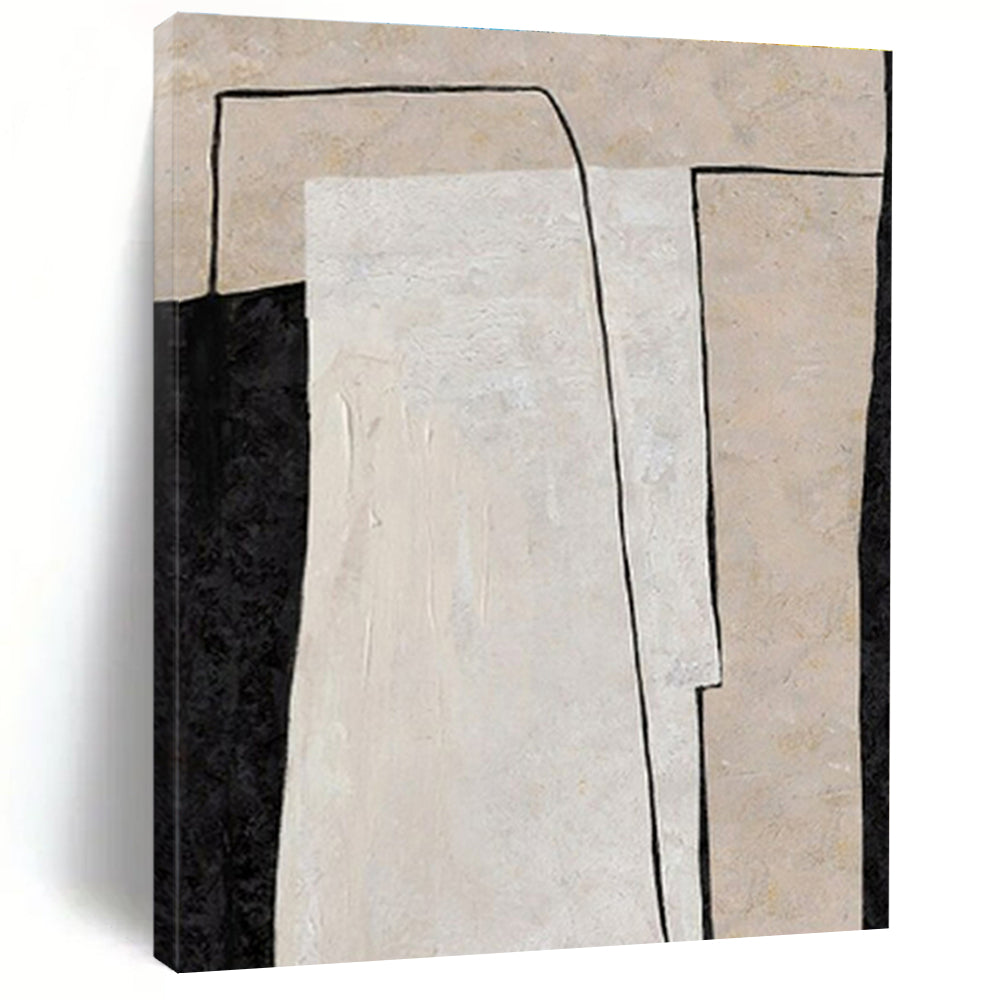 Hand Painted Art Beige, Black, and White Geometric Abstract Art HS698