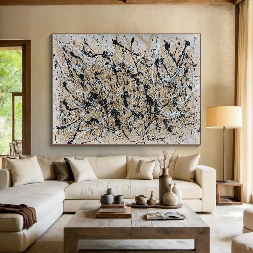 Acrylic Modern Art Paintings: Black Beige and White Splatter Abstract Painting WB364