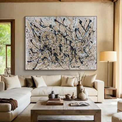 Acrylic Modern Art Paintings: Black Beige and White Splatter Abstract Painting WB364