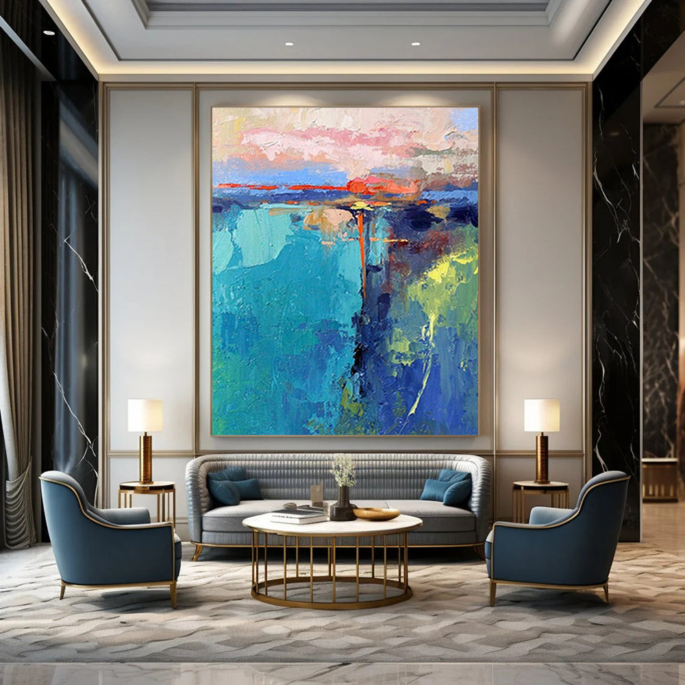 Turquoise, Pink, and Orange Abstract Coastal Painting For Sale Online WS483