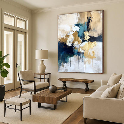Large Contemporary Wall Art Multicolor Abstract Shape Painting with Gold Accents For Sale HS165