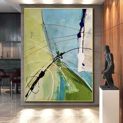 Handmade Art Green, Blue, and Black Dynamic Abstract Painting On Canvas HS797