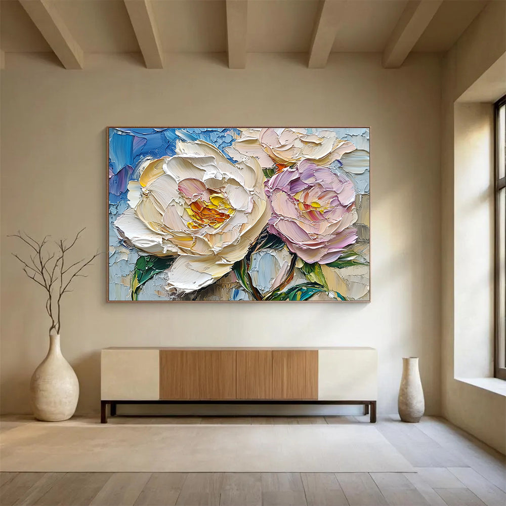 Hand Paintings with Cream, Pink and Blue Colors, Peony Flower Theme Abstract Art WB322