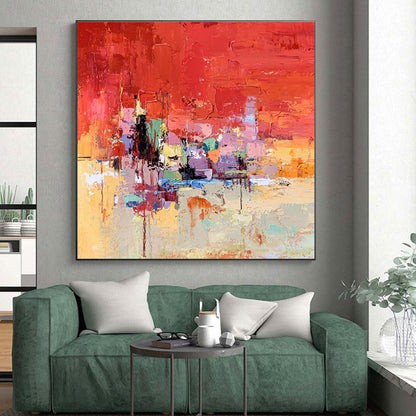 Acrylic Modern Art Paintings Red, Orange, Pink & Multicolor Abstract Cityscape Art HS387