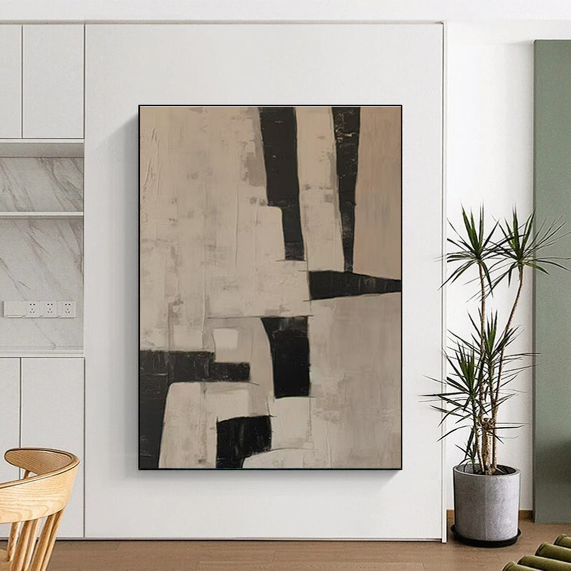 Modern Art Acrylic Black and Beige Geometric Abstract Art HS634