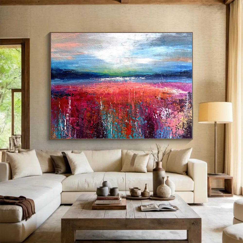 Blue, Pink, Red, Green Abstract Field and Sky Painting, Abstract Acrylic Art WB008