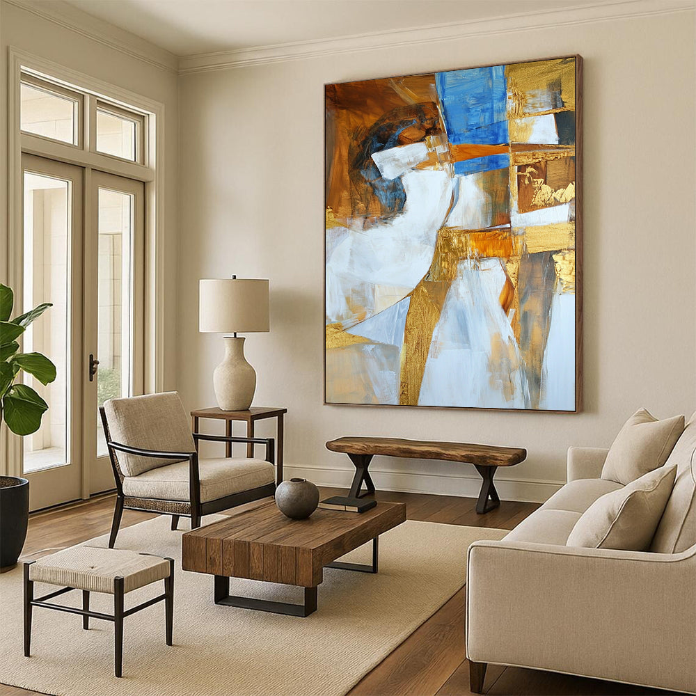 Gaint Canvas Art Multicolor Abstract Shape Painting with Gold Accents For Sale HS162