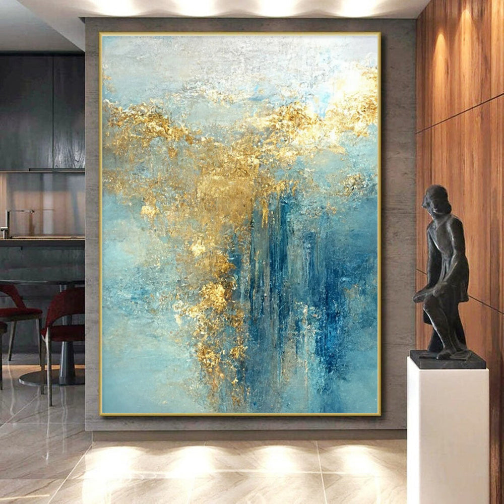 Hand-Painted Blue & Gold Textured Abstract, Large Contemporary Wall Art HS227