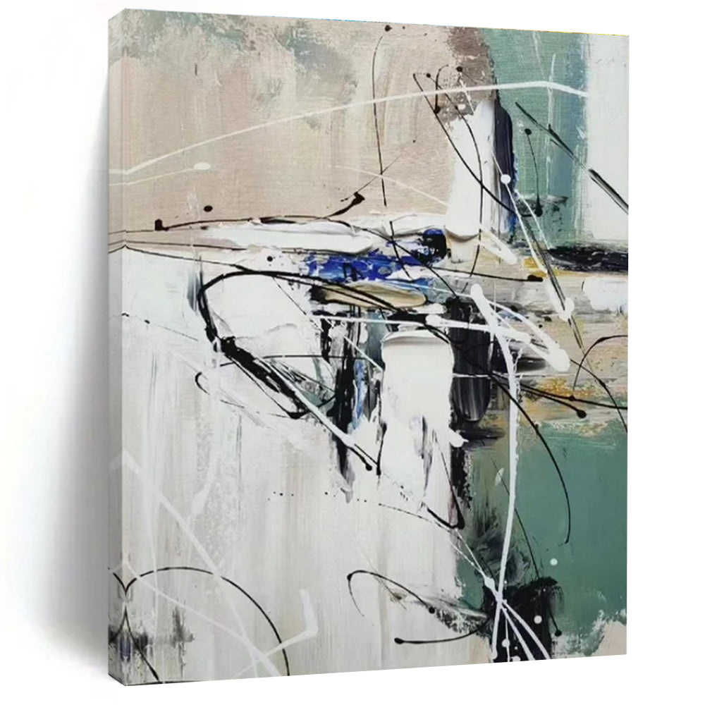Hand Painted Art Green, White, and Black Dynamic Abstract Painting On Canvas HS801