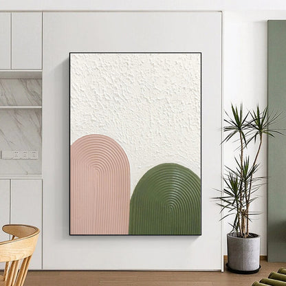 Hand-Painted Pink, Green, and White Abstract Curved Shape Textured Painting For Sale HS036