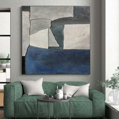 Handmade Art Gray & Blue Geometric Abstract, Minimalist Canvas Art HS434