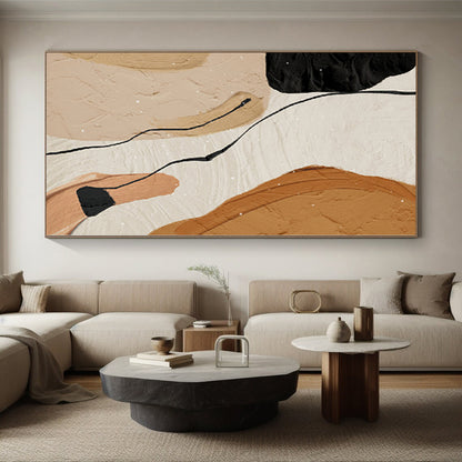 Handmade Art Beige, Brown, and Black Abstract Shape Painting For Sale HS083