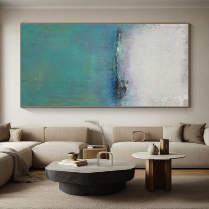 Hand-Painted Teal and Gray Abstract Misty Landscape Painting For Sale HS049
