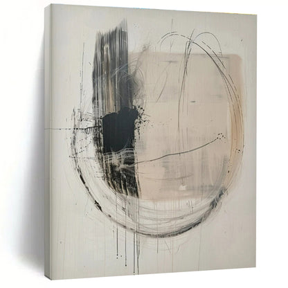 Hand Painted Art Black, White, and Beige Circular Abstract Art HS621