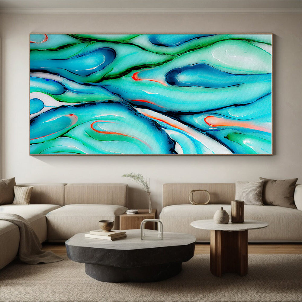 Unique Abstract Art Teal, Green, and Orange Fluid Abstract Art HS724