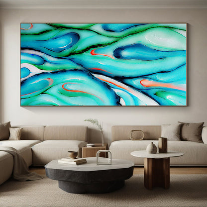 Unique Abstract Art Teal, Green, and Orange Fluid Abstract Art HS724