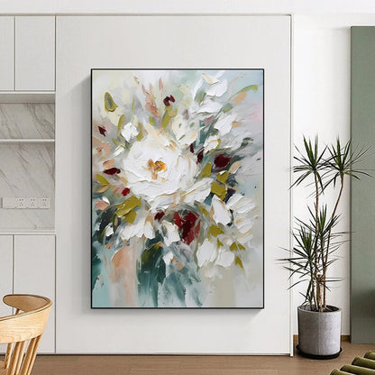 White, Red, and Green Abstract Floral Painting For Sale WS501