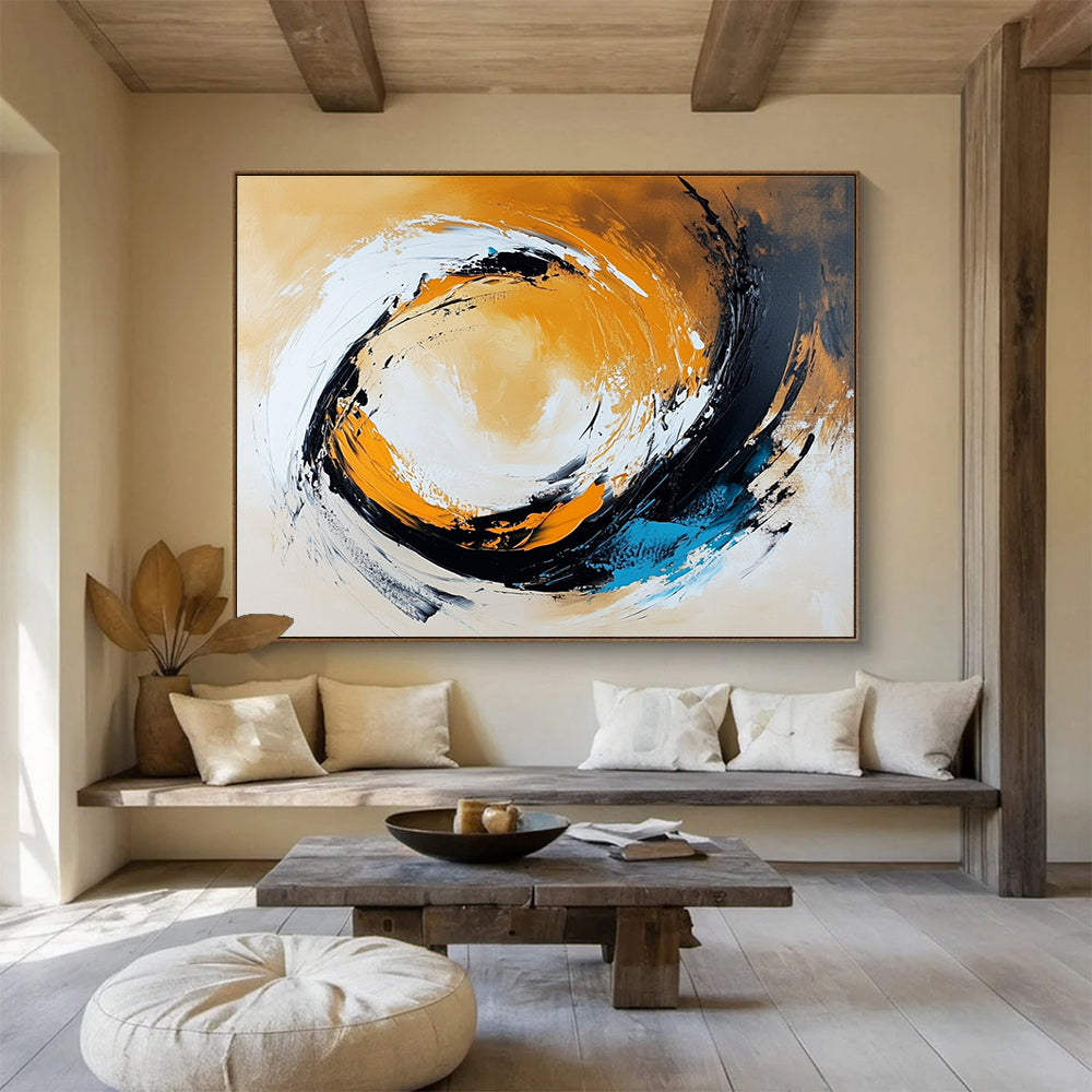 Extra Large Size Orange, Black, White, and Blue Abstract Swirl - Acrylic Painting WB295