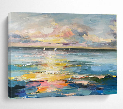 Blue, Pink, Yellow Abstract Seascape with Sailboats Acrylic Painting WB040