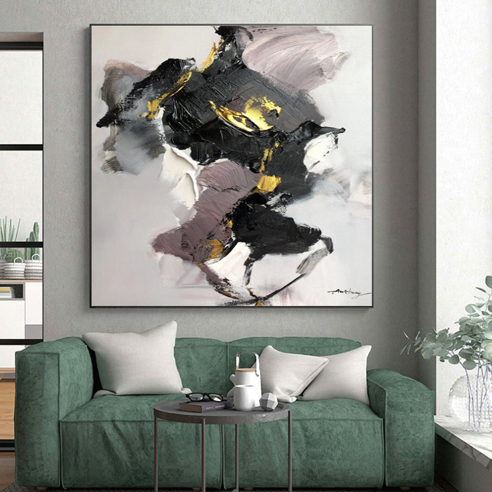 Oversized Abstract Wall Art with Black, Gray, White and Gold Colors, Energetic Abstract Theme HS476