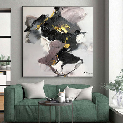 Oversized Abstract Wall Art with Black, Gray, White and Gold Colors, Energetic Abstract Theme HS476