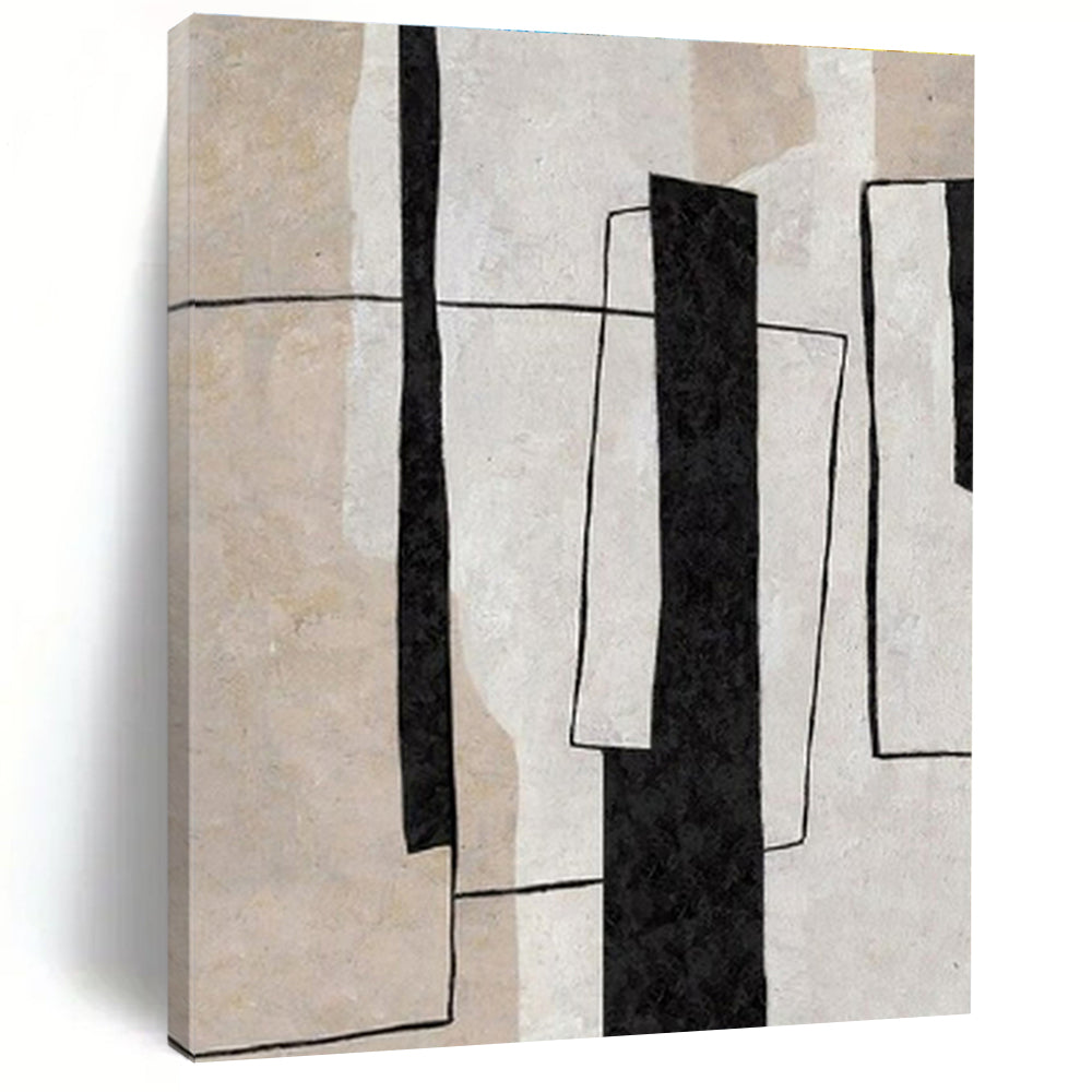 Modern Art Acrylic Black, Beige, and White Geometric Abstract Art HS697