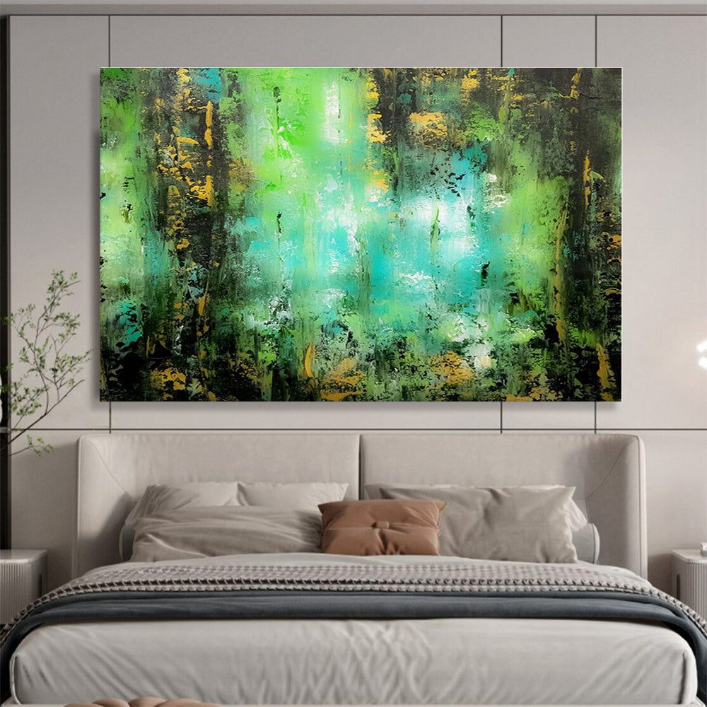 Horizontal Green and Turquoise Abstract Forest Scene, Abstract Acrylic Painting WB161