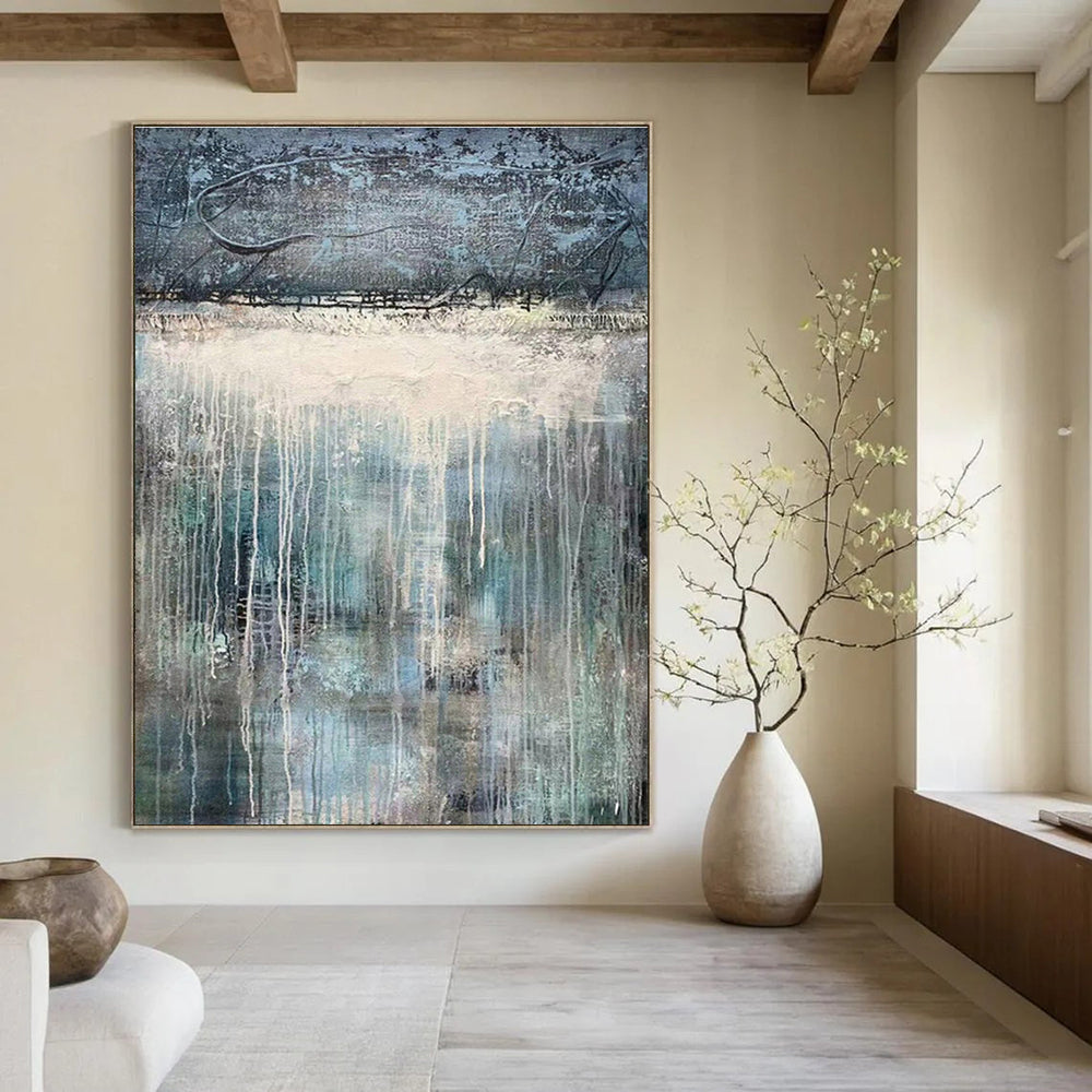 Blue, Gray, and White Dripping Abstract Landscape Painting For Sale Online WS470