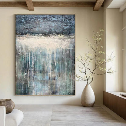 Blue, Gray, and White Dripping Abstract Landscape Painting For Sale Online WS470