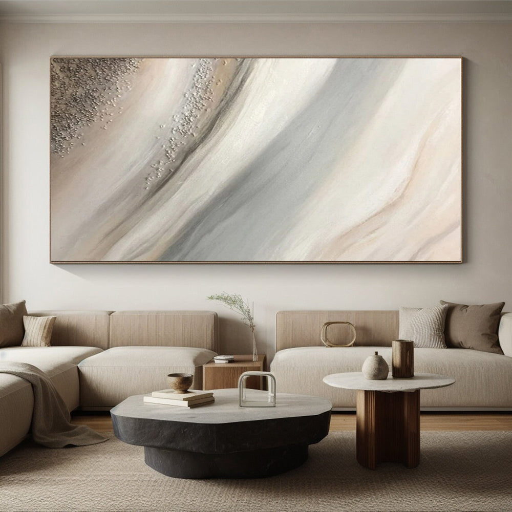 Hand Painted Art Beige and Gray Flowing Textures with Metallic Accents, Oversized Abstract Wall Art HS544