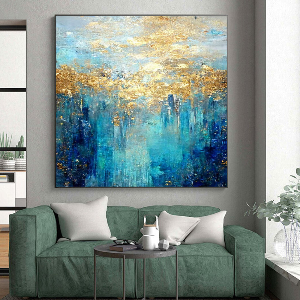 Hand Painted Art Teal, Gold, and Blue Abstract Landscape HS658