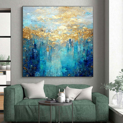 Hand Painted Art Teal, Gold, and Blue Abstract Landscape HS658